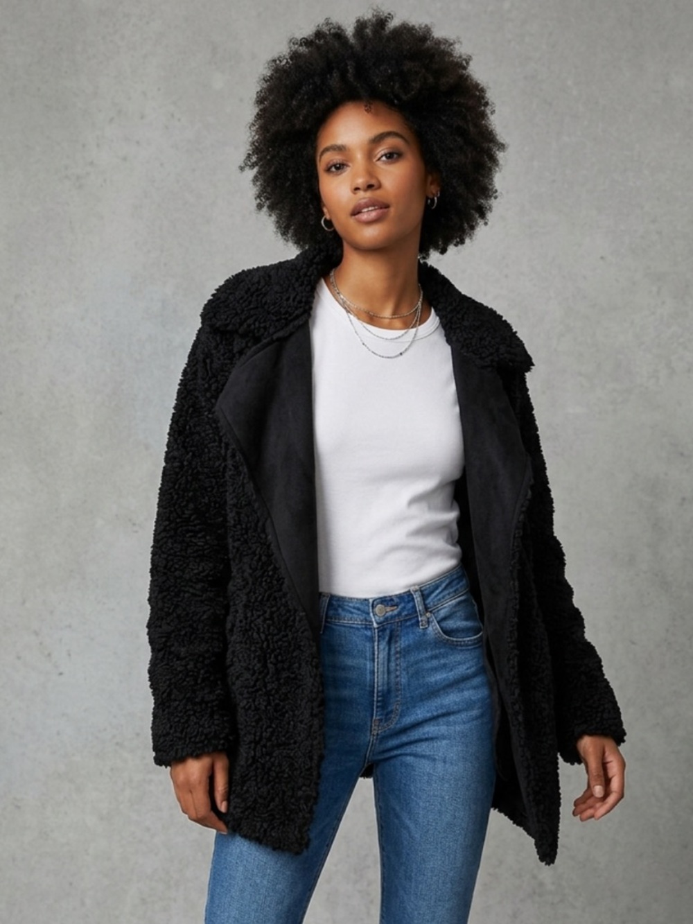NET TOWOWGE Black Faux Fur Sherpa Open Jacket Size Small